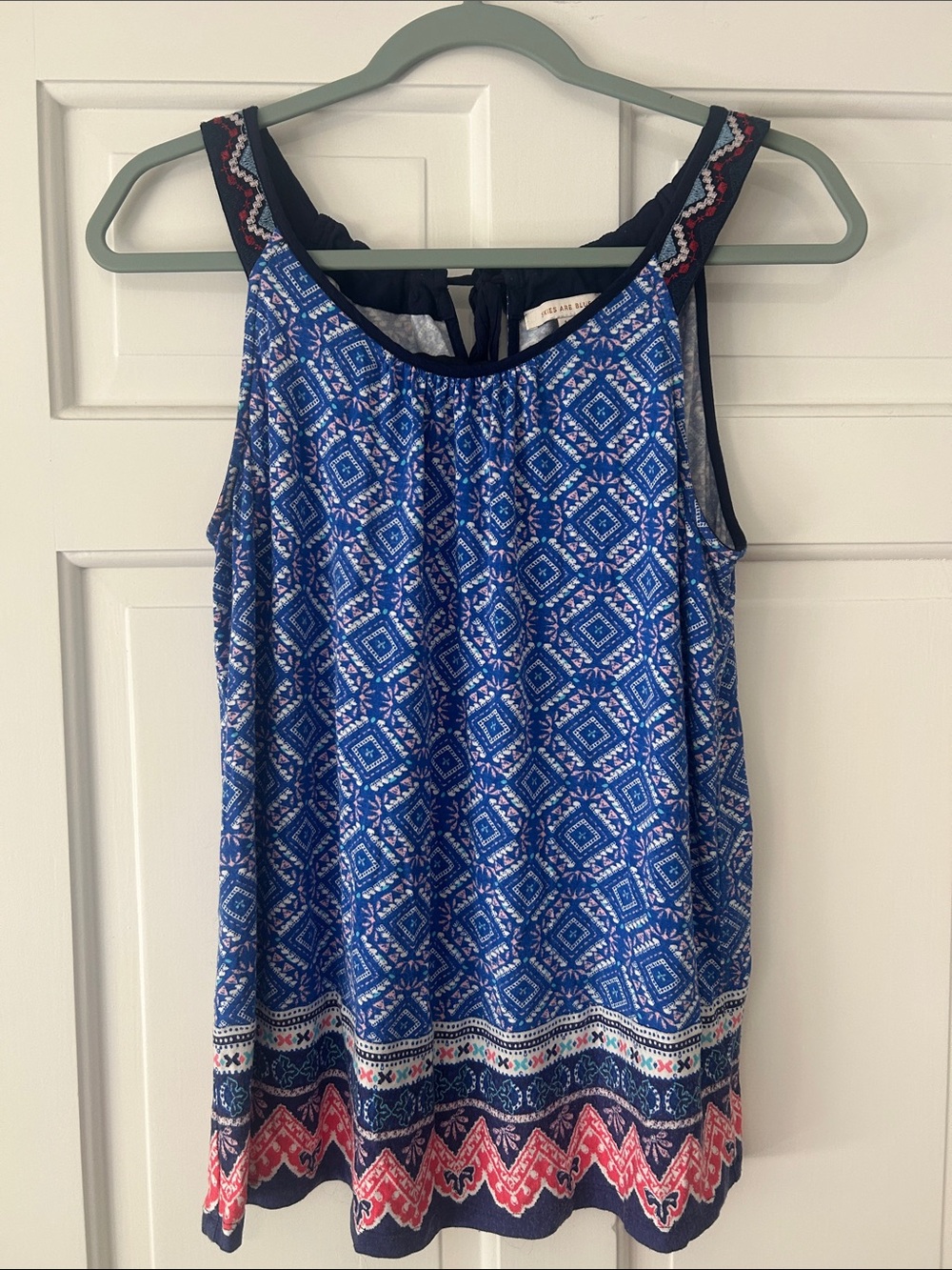 Skies Are Blue Blue Printed Tank with Embroidered Straps and Pink Border